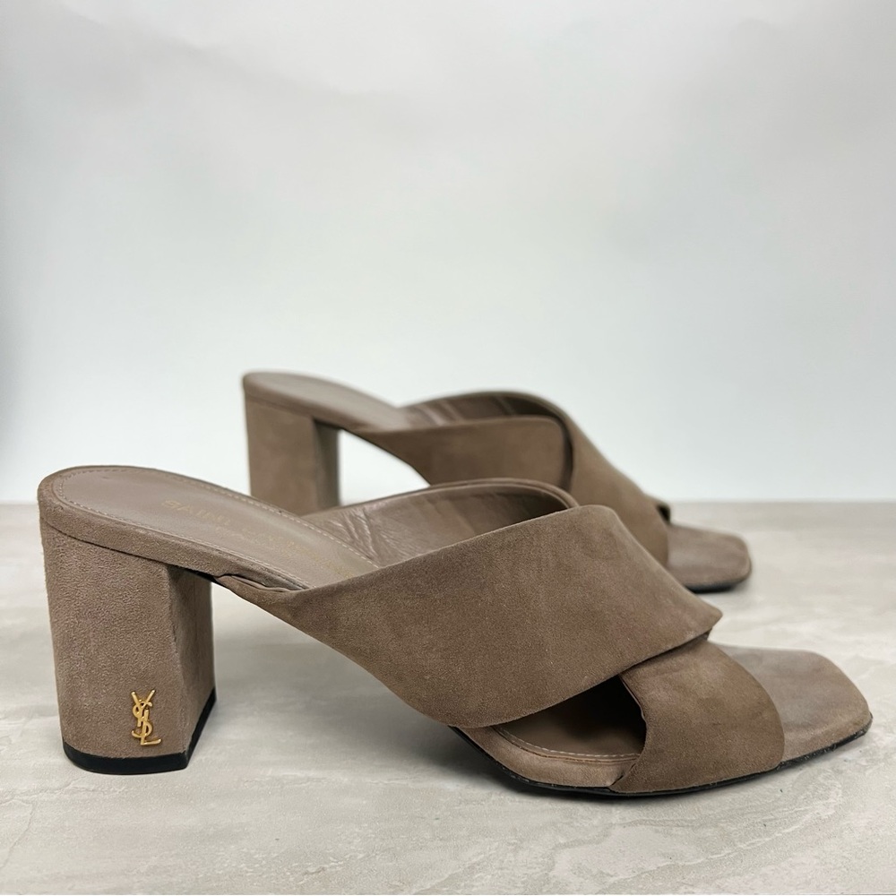 Saint Laurent Taupe Suede Crisscross Block Heel Mules with Gold YSL - Picture 2 of 13